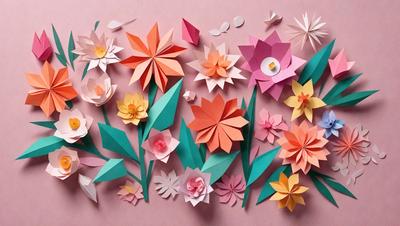 The primary subject of the image is a collection of paper flowers, which are displayed on a pink surface. The flowers are made from various colored paper, and they are arranged in a visually appealing manner. The setting is a creative and artistic environment, showcasing the craftsmanship of the paper flowers. The visual style of the image is a combination of digital art and illustration, as the paper flowers are skillfully created and arranged. The colors and mood of the image are vibrant and cheerful,