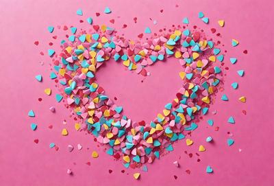 The primary subject of the image is a heart-shaped arrangement of colorful hearts, which are scattered across a pink background. The hearts come in various colors, including blue, yellow, and pink, creating a vibrant and lively scene. The visual style of the image is a combination of digital art and illustration, with the hearts appearing to be hand-drawn and the overall atmosphere being cheerful and playful.