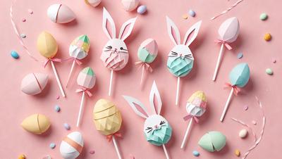 The primary subject of the image is a collection of candy bunnies, which are shaped like rabbits and are made of candy. These candy bunnies are displayed on a pink surface, creating a visually appealing and playful scene. The setting appears to be a creative and fun environment, possibly a candy shop or a special event. The visual style of the image is a combination of digital art and illustration, showcasing the intricate details and craftsmanship of the candy b