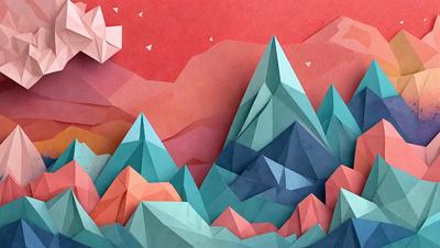The primary subject of the image is a mountainous landscape, featuring a large mountain with a red and blue color scheme. The setting is a red and blue sky, which adds to the overall atmosphere of the scene. The visual style of the image is a combination of digital art and illustration, creating a unique and eye-catching design. The colors and mood of the image are vibrant and energetic, with the red and blue hues evoking a sense of excitement and adventure.