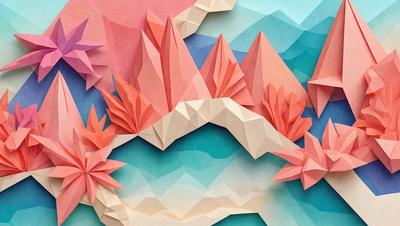 The primary subject of the image is a colorful, three-dimensional paper sculpture of a mountain range. The setting is a blue and pink background, which adds to the vibrant and lively atmosphere of the scene. The visual style is a combination of digital art and illustration, creating a unique and eye-catching piece of art. The colors and mood of the image are predominantly pink and blue, giving it a cheerful and uplifting feel.