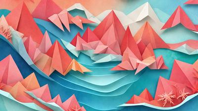 The primary subject of the image is a colorful, three-dimensional paper mountain landscape. The setting is a blue and pink ocean, with the paper mountain rising out of the water. The visual style is a combination of digital art and illustration, creating a vibrant and dynamic scene. The colors and mood of the image are predominantly blue and pink, giving it a lively and cheerful atmosphere.