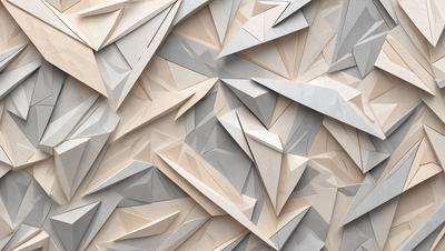 The primary subject of the image is a large, intricate paper sculpture. The sculpture is made up of many small triangles, creating a complex and visually appealing design. The setting is a wall, and the visual style is a combination of digital art and illustration. The colors and mood of the image are predominantly neutral, with a focus on the contrast between the paper sculpture and the wall.