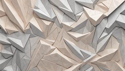 The primary subject of the image is a large, intricate, and textured wall made of paper. The setting is a room with a wooden floor, and the visual style is a combination of digital art and illustration. The colors and mood of the image are predominantly neutral, with a focus on the paper's texture and the overall design.