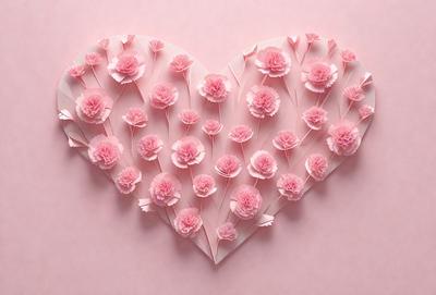 The primary subject of the image is a heart-shaped paper cutout, which is made up of numerous pink flowers. The heart is placed on a pink background, creating a visually appealing and romantic scene. The visual style of the image is a combination of digital art and illustration, as the heart is crafted from paper cutouts and arranged in a creative manner. The colors and mood of the image are predominantly pink, which adds a sense of warmth and love to the scene.