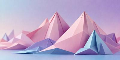 The primary subject of the image is a series of three-dimensional, geometric shapes made of paper. These shapes are arranged in a way that resembles a mountain range, with each shape getting progressively larger as they move up the mountain. The setting is a table, and the visual style is a combination of digital art and illustration. The colors and mood of the image are predominantly pink and purple, giving the scene a warm and inviting atmosphere.