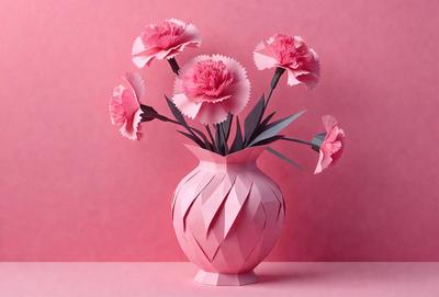 The primary subject of the image is a pink vase filled with fake flowers. The vase is made of paper and has a unique design. The setting is a pink wall, which provides a contrasting background for the vase. The visual style is a combination of digital art and illustration, as the paper vase and flowers are skillfully crafted to resemble real flowers. The colors and mood of the image are predominantly pink, creating a warm and inviting atmosphere.