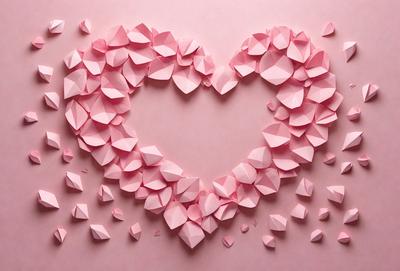 The primary subject of the image is a heart-shaped arrangement of pink paper, which is the main object, scene, or focus of the image. The heart is made up of many small pieces of pink paper, creating a visually appealing and artistic display. The setting is a pink background, which complements the color of the heart and adds to the overall mood of the image. The visual style of the image is a combination of photo and digital art, as it appears to be a photograph of a digital art