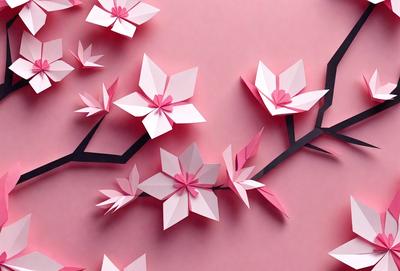 The primary subject of the image is a pink paper flower tree. The setting is a pink background, which creates a visually appealing contrast with the paper flowers. The visual style is a combination of digital art and illustration, as the paper flowers are intricately crafted and placed on the pink surface. The colors and mood of the image are predominantly pink, creating a warm and inviting atmosphere.