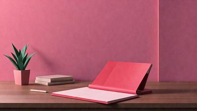 The primary subject of the image is a red book, which is placed on a wooden desk. The setting is a room with a pink wall, creating a warm and inviting atmosphere. The visual style is a photo, capturing the details of the book and the desk. The colors and mood of the image are predominantly pink and warm, with the red book standing out as the focal point.