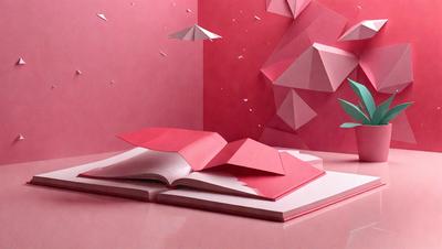 The primary subject of the image is a book, which is placed on a table. The setting is a pink background, which adds a warm and inviting atmosphere to the scene. The visual style of the image is a combination of photo and digital art, creating a unique and eye-catching presentation. The colors and mood of the image are predominantly pink, giving it a feminine and cozy feel.