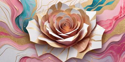 The primary subject of the image is a beautifully crafted paper rose. The rose is the main focus of the image, and it is displayed against a backdrop of a colorful and intricate paper design. The visual style of the image is a combination of digital art and illustration, creating a unique and eye-catching representation of the paper rose. The colors and mood of the image are vibrant and lively, with the rose and the paper design creating a sense of warmth and creativity.