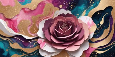 The primary subject of the image is a pink and purple paper flower. The setting is a colorful background with a mix of pink, purple, and gold colors. The visual style is a combination of digital art and illustration, creating a vibrant and artistic appearance. The dominant colors and overall atmosphere are lively and cheerful, with the paper flower being the focal point of the scene.