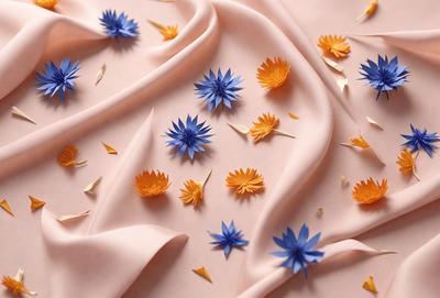 The primary subject of the image is a pink fabric with blue flowers scattered across it. The setting is a pink background, and the visual style is a photo. The colors and mood of the image are predominantly pink and soft, creating a warm and inviting atmosphere.