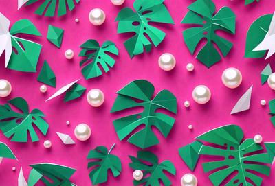 The primary subject of the image is a close-up of a green leaf, which is part of a larger pattern of green leaves and pearls. The setting is a pink background, which adds a vibrant and lively atmosphere to the scene. The visual style is a combination of digital art and illustration, creating a unique and eye-catching design. The colors and mood of the image are predominantly green and pink, giving it a fresh and lively feel.