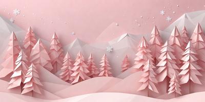 The primary subject of the image is a snowy mountain landscape. The setting is a pink mountain with snow-covered trees, creating a serene and picturesque scene. The visual style is a combination of digital art and illustration, giving the image a unique and artistic appearance. The dominant colors are pink and white, which contribute to the overall mood of the scene, evoking feelings of warmth and tranquility.