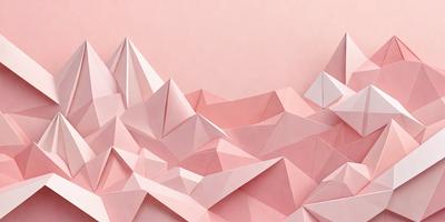 The primary subject of the image is a large, intricate paper sculpture of a mountain. The setting is a pink background, which adds a contrasting and vibrant touch to the scene. The visual style is a combination of digital art and illustration, as the paper sculpture is created using a computer-aided design (CAD) software. The colors and mood of the image are predominantly pink, giving it a warm and inviting atmosphere.