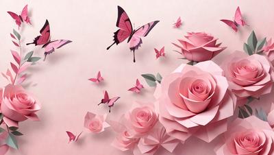 The primary subject of the image is a pink rose, which is the main focus of the scene. The rose is surrounded by a group of pink butterflies, creating a visually appealing and whimsical atmosphere. The setting is a pink background, which complements the rose and butterflies, giving the image a cohesive and harmonious visual style. The colors and mood of the image are predominantly pink, which evokes feelings of warmth, love, and innocence.