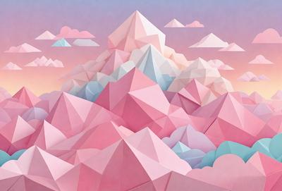 The primary subject of the image is a large, colorful mountain made of triangles. The mountain is pink and white, and it is surrounded by a cloudy sky. The setting is a 3D illustration, giving the image a unique visual style. The dominant colors and overall atmosphere of the image are bright, vibrant, and lively, creating a sense of excitement and adventure.