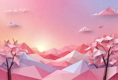 The primary subject of the image is a beautifully illustrated landscape featuring a pink mountain range with a sunset in the background. The setting is a pink and white mountain range with a sky background. The visual style is a combination of digital art and illustration, creating a vibrant and colorful scene. The colors and mood of the image are predominantly pink and white, giving it a warm and inviting atmosphere.