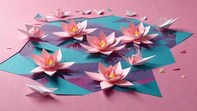 The primary subject of the image is a beautiful arrangement of pink and purple flowers, which are made of paper. The flowers are placed on a pink surface, creating a visually appealing scene. The setting appears to be a creative and artistic environment, possibly a workspace for crafting or an artistic display. The visual style of the image is a combination of digital art and paper crafting, resulting in a unique and eye-catching design. The colors and mood of the image are predominantly pink