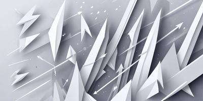 The primary subject of the image is a white, geometric design featuring multiple triangles and arrows. The setting is a gray background, which contrasts with the white design. The visual style is a combination of digital art and illustration, creating a modern and minimalist appearance. The colors and mood of the image are predominantly white, which gives it a clean and sleek look.