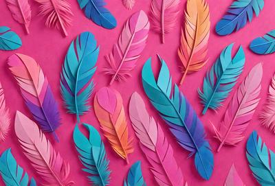 The primary subject of the image is a collection of colorful feathers, which are arranged in various patterns and colors. The feathers are displayed on a pink background, creating a visually appealing and vibrant scene. The visual style of the image is a combination of photo and digital art, as the feathers are carefully crafted and arranged to create a realistic and eye-catching display. The colors and mood of the image are predominantly pink and vibrant, evoking a sense of warmth