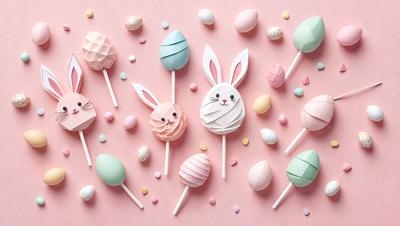 The primary subject of the image is a collection of candy bunnies, which are white and pink in color. They are arranged on a pink background, creating a visually appealing scene. The candy bunnies are designed to look like rabbits, and they are placed in various positions, creating a sense of depth and dimension. The overall atmosphere of the image is playful and fun, with the candy bunnies serving as a delightful treat for children or adults alike.