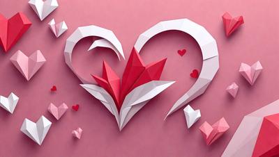 The primary subject of the image is a heart-shaped paper cutout, which is placed on a pink background. The heart is made up of multiple pieces of paper, creating a unique and intricate design. The visual style of the image is a combination of digital art and illustration, as the heart is crafted from paper cutouts. The colors and mood of the image are predominantly pink, which gives it a warm and inviting atmosphere.