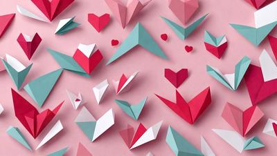 The primary subject of the image is a collection of paper hearts, which are arranged in various shapes and sizes. The hearts are predominantly red and pink, creating a warm and vibrant atmosphere. The setting is a pink background, which adds to the overall visual style. The image appears to be a digital art or illustration, showcasing the creativity and craftsmanship involved in creating these paper hearts.