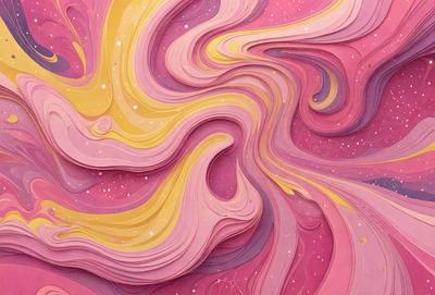 The primary subject of the image is a large, colorful, and abstract artwork. The setting is a pink background, which adds to the overall atmosphere. The visual style is a combination of digital art and illustration, creating a unique and vibrant piece. The colors and mood are predominantly pink, which gives the artwork a warm and inviting feel.