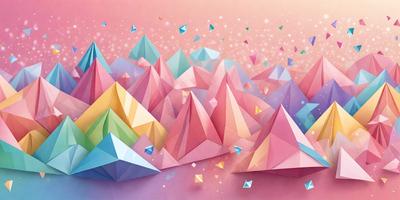 The primary subject of the image is a colorful mountain landscape, featuring a variety of shapes and colors. The setting is a pink and purple background, which adds to the overall mood of the scene. The visual style of the image is a combination of digital art and illustration, creating a vibrant and lively atmosphere. The colors and mood of the image are predominantly pink and purple, giving it a warm and inviting feel.