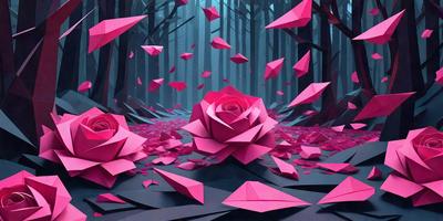 The primary subject of the image is a pink paper rose, which is the main object, scene, or focus of the image. The setting is a forest, with trees visible in the background. The visual style is digital art, as the rose is created using digital tools. The dominant colors are pink and red, giving the image a warm and vibrant atmosphere.