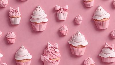 The primary subject of the image is a collection of cupcakes with pink frosting and bows. The cupcakes are arranged on a pink background, creating a visually appealing and playful scene. The visual style of the image is a combination of photo and digital art, as it showcases the cupcakes in a realistic yet artistic manner. The colors and mood of the image are predominantly pink, which adds a sense of warmth and sweetness to the scene.