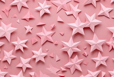 The primary subject of the image is a large number of pink paper stars arranged on a pink background. The setting is a pink wall, and the visual style is a combination of a photo and digital art. The colors and mood of the image are predominantly pink, creating a warm and inviting atmosphere.
