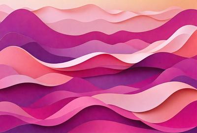The primary subject of the image is a large, colorful, and abstract artwork featuring a series of pink and purple waves. The setting is a wall, and the visual style appears to be a combination of digital art and illustration. The dominant colors in the artwork are pink and purple, creating a vibrant and lively atmosphere.