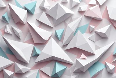 The primary subject of the image is a large number of white triangles, which are arranged in various shapes and sizes. The setting is a pink and blue background, creating a visually appealing contrast with the white triangles. The visual style is a combination of digital art and illustration, as the triangles are created using a computer program. The colors and mood of the image are predominantly pink and blue, giving it a warm and inviting atmosphere.