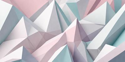 The primary subject of the image is a large, three-dimensional structure made of triangles. The structure is predominantly blue and pink, creating a visually striking and unique design. The setting is a white wall, which serves as a clean and uncluttered backdrop for the intricate and colorful triangular pattern. The visual style of the image is a combination of digital art and illustration, showcasing the artist's creativity and skill in crafting a complex and eye-catching design. The overall