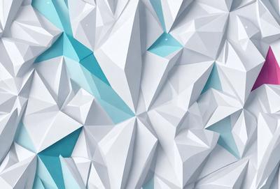The primary subject of the image is a large, white, geometric pattern. The pattern is composed of many small, white triangles, creating a visually striking and intricate design. The setting is a blue wall, which serves as a striking contrast to the white pattern. The visual style of the image is a combination of digital art and illustration, as the triangles are carefully crafted and arranged to create a cohesive and harmonious design. The colors and mood of the image are predominantly white and blue, giving