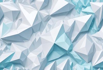 The primary subject of the image is a large, white, and blue wall with a geometric pattern. The setting is a white and blue room, and the visual style is a combination of digital art and illustration. The dominant colors are white and blue, creating a clean and modern atmosphere.