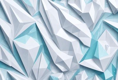 The primary subject of the image is a large, intricate, and colorful wall made of white and blue geometric shapes. The setting is a blue and white background, which creates a visually striking contrast with the shapes. The visual style is a combination of digital art and illustration, giving the wall a unique and artistic appearance. The dominant colors are white and blue, creating a sense of calmness and tranquility in the scene.