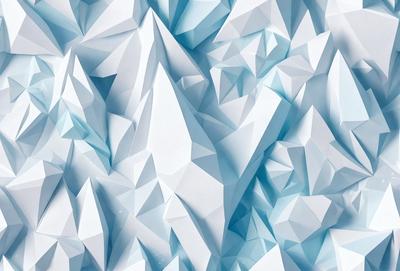 The primary subject of the image is a large, white, and blue mountain made of paper. The mountain is the main focus of the image, and it is set against a blue background. The visual style of the image is a combination of digital art and illustration, creating a unique and eye-catching design. The dominant colors in the image are blue and white, giving the mountain a striking and vibrant appearance.