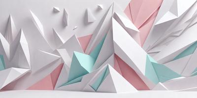 The primary subject of the image is a large, three-dimensional paper sculpture of a mountain. The setting is a white background, which provides a clean and minimalist appearance. The visual style is a combination of digital art and illustration, as the paper sculpture is created using paper and scissors. The colors and mood of the image are predominantly pink and blue, giving the scene a vibrant and lively atmosphere.