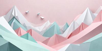 The primary subject of the image is a mountainous landscape, featuring a series of triangular shapes that create a mountain range. The setting is a pink and blue background, which adds a vibrant and lively atmosphere to the scene. The visual style is a combination of digital art and illustration, with the triangular shapes and the mountain range being the main focus of the image. The colors and mood convey a sense of adventure and exploration, as the viewer is drawn into the world of the mountain range.