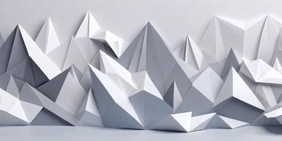 The primary subject of the image is a large, intricate paper sculpture of a mountain. The setting is a white background, which provides a clean and minimalist appearance. The visual style is a combination of digital art and illustration, as the paper sculpture is created using a computer-aided design (CAD) program. The colors and mood of the image are predominantly white, giving it a clean and serene atmosphere.