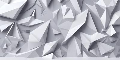 The primary subject of the image is a large, intricate, and complex white paper sculpture. The sculpture is made up of many triangular shapes, creating a visually striking and unique design. The setting is a white wall, which serves as a clean and uncluttered backdrop for the paper sculpture. The visual style of the image is a combination of digital art and illustration, as the paper sculpture appears to be a three-dimensional digital artwork. The colors and mood of the image are predominantly