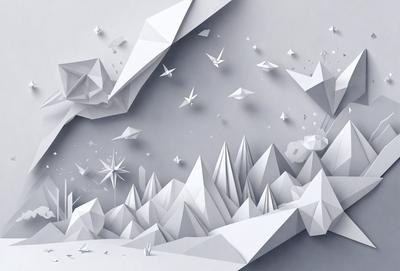 The primary subject of the image is a mountainous landscape with a sky background. The setting is a 3D illustration of a mountain range, with a cloudy sky above. The visual style is a combination of digital art and illustration, creating a unique and intricate design. The colors and mood of the image are predominantly white, giving it a clean and minimalist appearance.