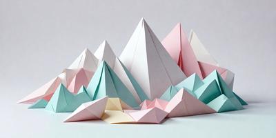 The primary subject of the image is a collection of paper cutouts, which are designed to resemble mountains. These paper cutouts are arranged in various shapes and sizes, creating a visually appealing and creative display. The setting is a table, and the visual style is a combination of artistic and digital elements. The colors and mood of the image are predominantly pink and white, giving it a warm and inviting atmosphere.