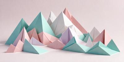 The primary subject of the image is a collection of paper sculptures, which are three-dimensional representations of mountains. These paper sculptures are made from colored paper and are displayed on a table. The setting is a table, and the visual style is a combination of photo and digital art. The colors and mood of the image are predominantly pink, purple, and blue, creating a vibrant and lively atmosphere.