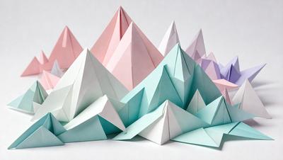 The primary subject of the image is a collection of paper snowflakes, which are displayed on a white surface. The snowflakes come in various colors and are arranged in a mountainous formation. The setting is a white background, which provides a clean and minimalistic appearance. The visual style is a combination of digital art and illustration, as the paper snowflakes are carefully crafted and arranged to create a visually appealing scene. The colors and mood of the image are predominantly white and neutral, giving